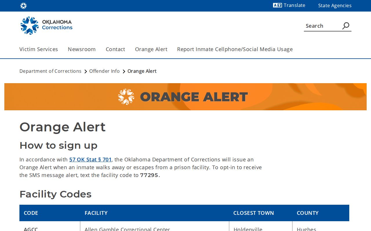 Oklahoma Department of Corrections Orange Alert information for JCCC
